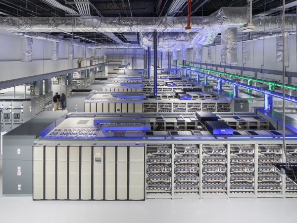 Data center storage unit. Rows upon rows of racks.