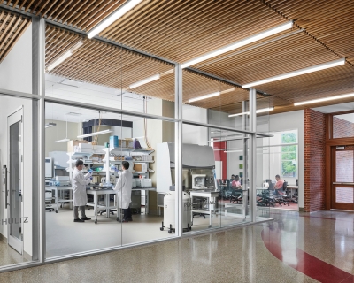 View into a lab through all glass walls