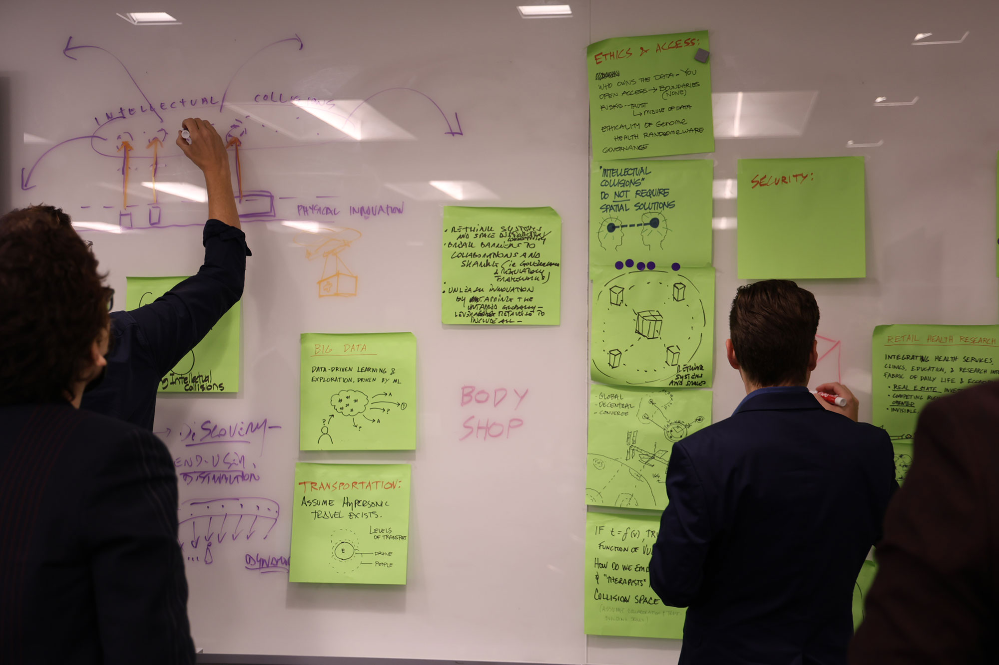 Designers draw designs on a wall